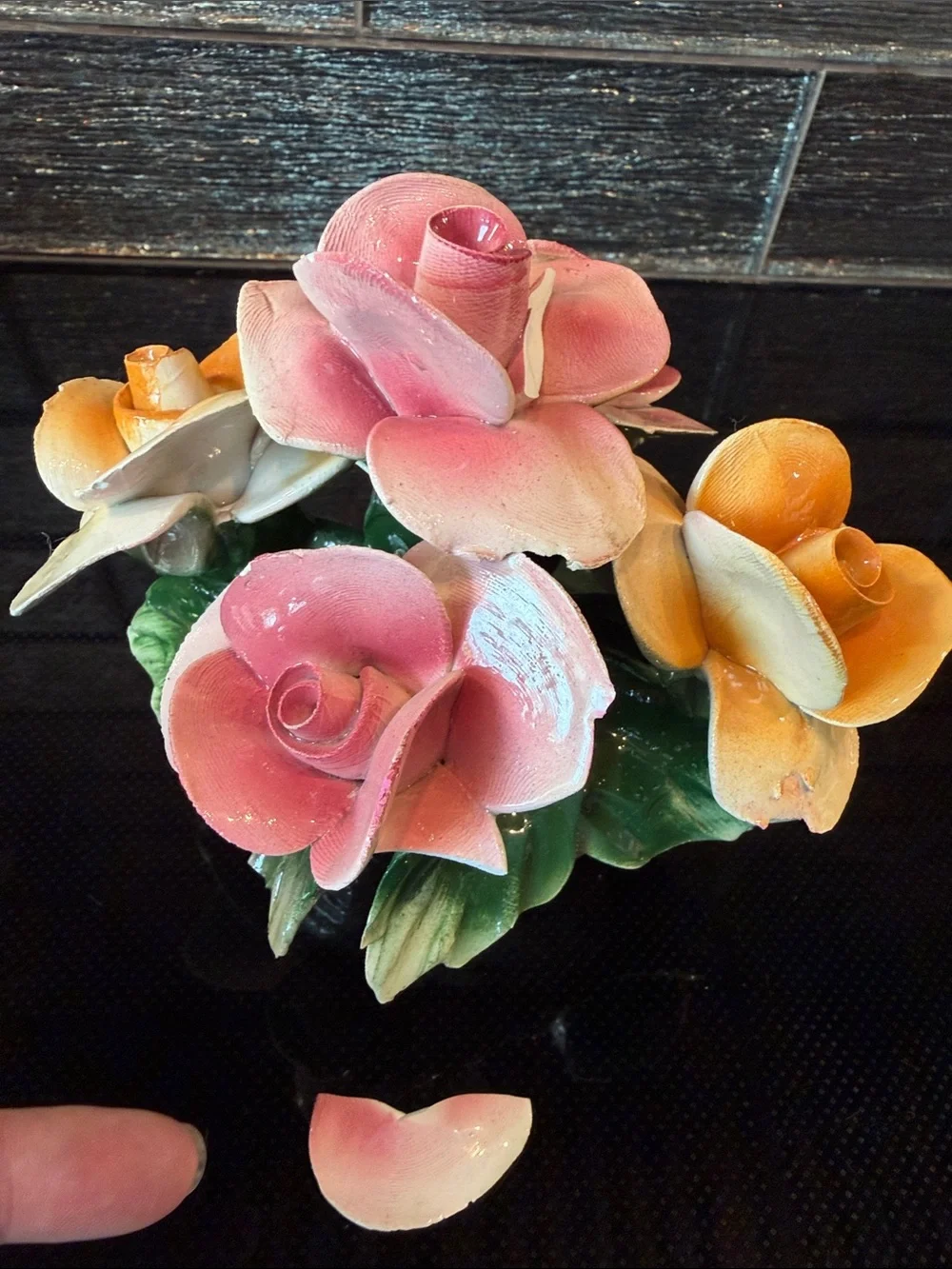 Vintage Capodimonte Italy Porcelain Pink Yellow Rose Flower Basket Centerpiece